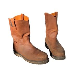 Yucon Mens Leather Pull On Work Boots Brown Size 11